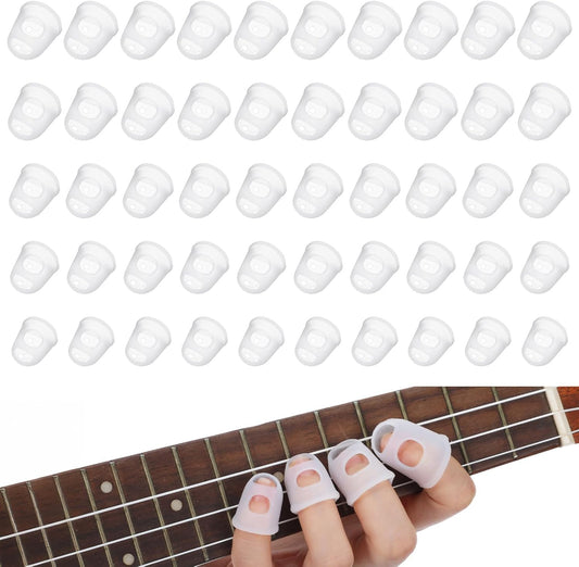 50 Pcs Guitar Finger Covers, Silicone Finger Tip Protectors Anti-Slip & Breathable Silicone Guitar Fingers Guards for Guitars Playing, Ukulele Bass, and Sewing (5 Sizes, White)