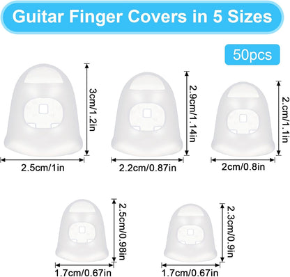 50 Pcs Guitar Finger Covers, Silicone Finger Tip Protectors Anti-Slip & Breathable Silicone Guitar Fingers Guards for Guitars Playing, Ukulele Bass, and Sewing (5 Sizes, White)