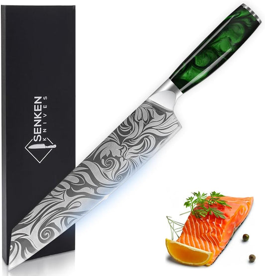 SENKEN 9" Japanese Kiritsuke Knife with Emerald Green Resin Handles - Engraved Japanese Chef Knife for Home Kitchen & Professionals, Razor Sharp High Carbon Stainless Steel Blades