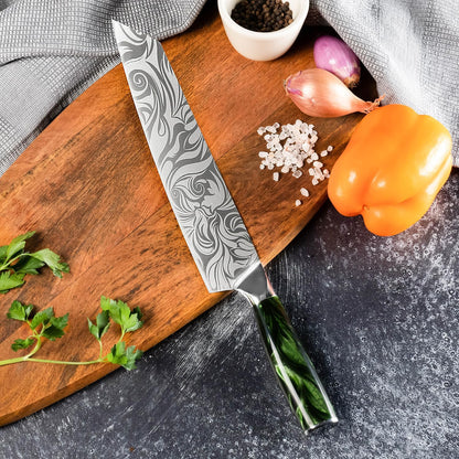 SENKEN 9" Japanese Kiritsuke Knife with Emerald Green Resin Handles - Engraved Japanese Chef Knife for Home Kitchen & Professionals, Razor Sharp High Carbon Stainless Steel Blades