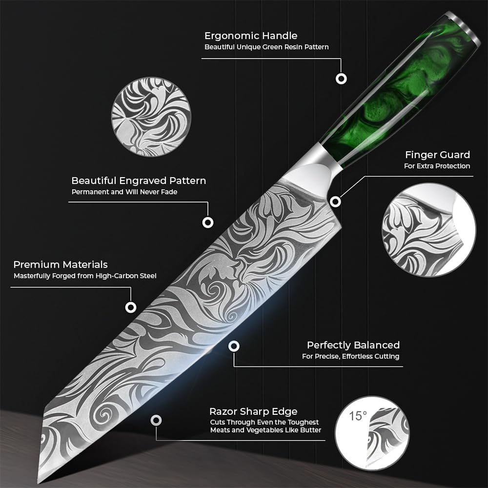 SENKEN 9" Japanese Kiritsuke Knife with Emerald Green Resin Handles - Engraved Japanese Chef Knife for Home Kitchen & Professionals, Razor Sharp High Carbon Stainless Steel Blades