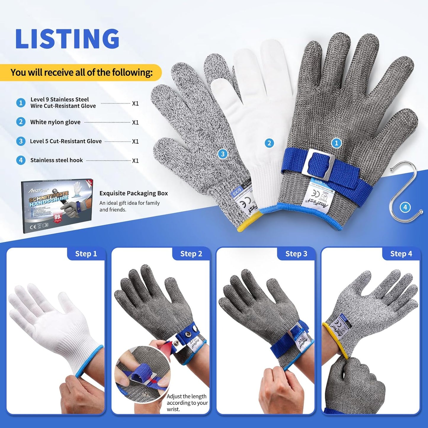 Cut Resistant Gloves Food Grade & Stainless Steel Mesh for Oyster Shucking Butcher Kitchen Meat and Fish Slicing