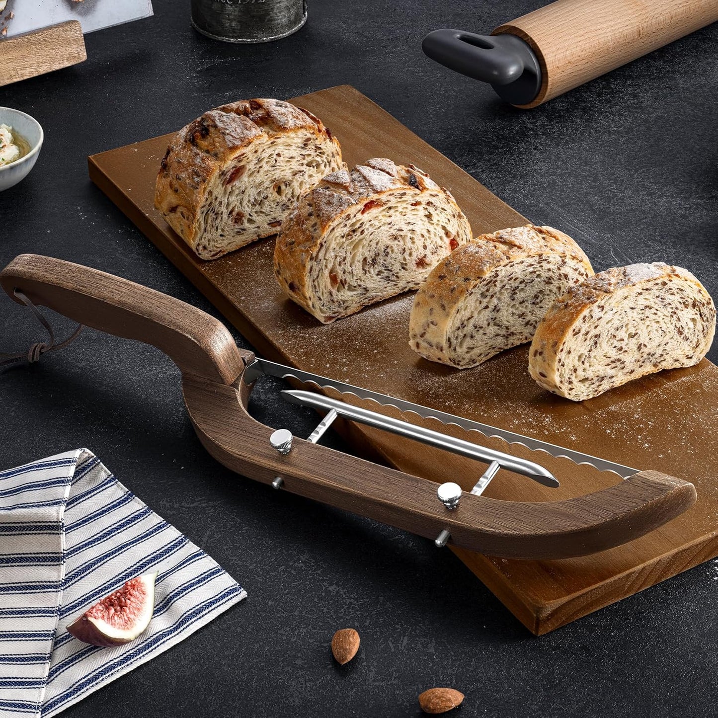 Adjustable Bread Bow Knife for Perfect Slices, Premium Wooden Frame, Tool-Free Blade Replacement, Multi-Thickness Cutter for Homemade Bread, Sourdough, Bagels, Loaves - Australian Mountain Ash