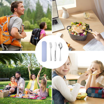 Travel Utensils Set (3pc Stainless Steel Reusable With Case)(Dishwasher Safe Knife Fork Spoon For Picnic Camping School Work Lunch Box) Portable Cutlery Set Blue