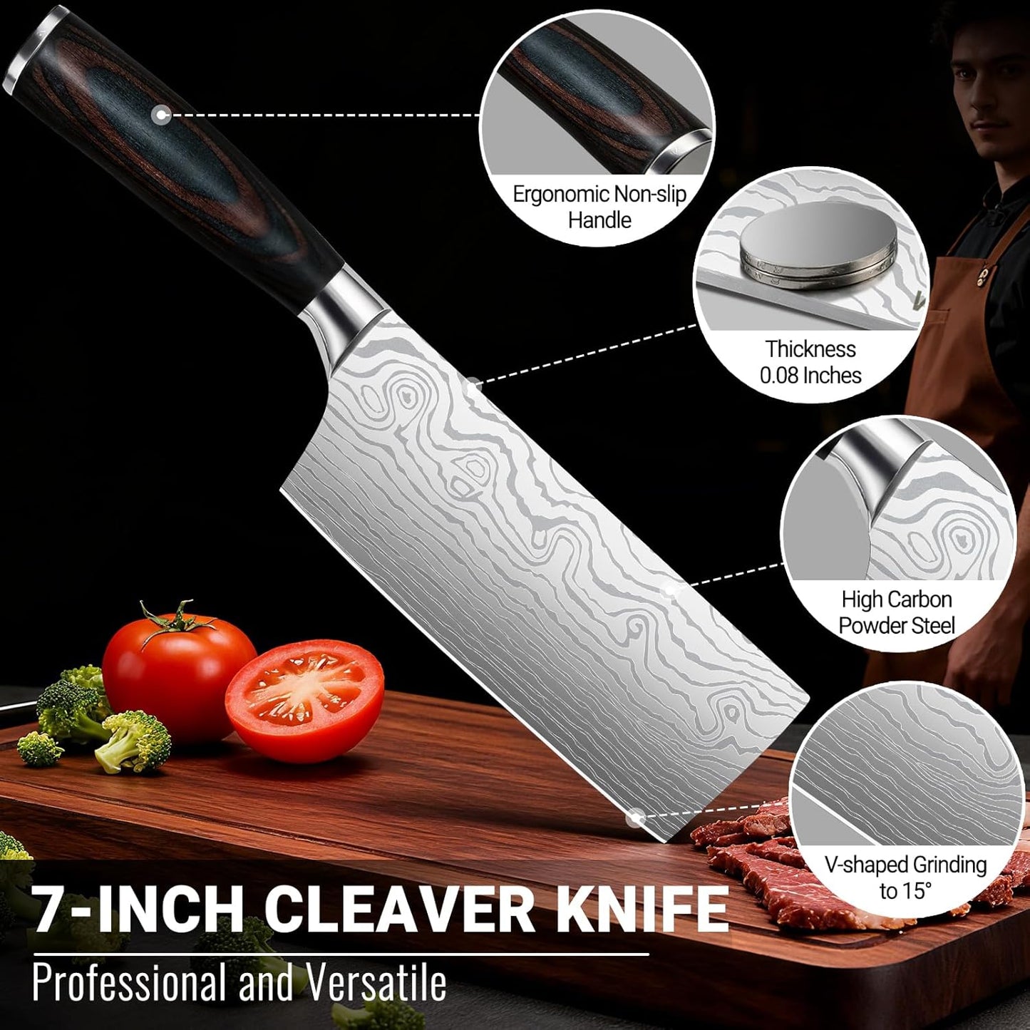 Nakiri Knife 7 Inch Sharp Meat Cleaver and Vegetable Kitchen Knife Damascus Asian Chef Knife for Home and Kitchen with Ergonomic Handle High Carbon Stainless Steel knife Chef Cooking Gift