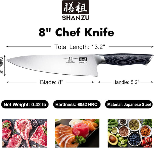 8 inch Japanese Chef Knife, Chefs Knife Kitchen Knives, Japanese Super Steel Sharp Chef's Knives with K133 Ergonomic Handle, Black Tortoise Genbu Series