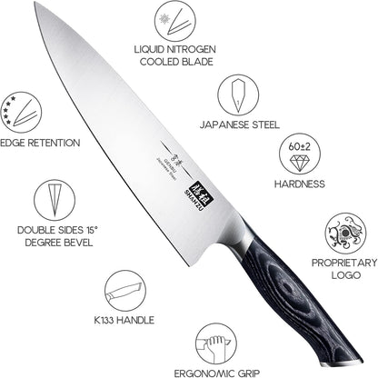 8 inch Japanese Chef Knife, Chefs Knife Kitchen Knives, Japanese Super Steel Sharp Chef's Knives with K133 Ergonomic Handle, Black Tortoise Genbu Series