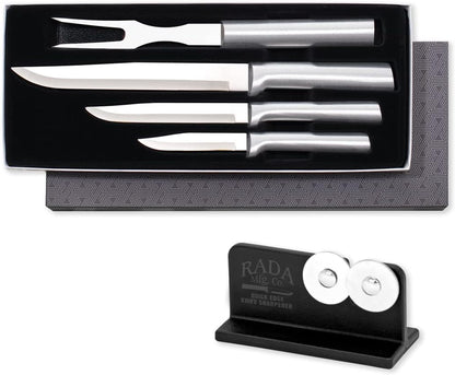 Prepare Then Carve Gift Set (S3C) + Sharpener, Silver Handle | 4-Piece Knife Set and Knife Sharpener, Stainless Steel Blades, Silver Cast Aluminum Handle