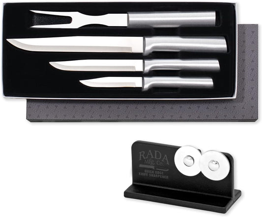 Prepare Then Carve Gift Set (S3C) + Sharpener, Silver Handle | 4-Piece Knife Set and Knife Sharpener, Stainless Steel Blades, Silver Cast Aluminum Handle