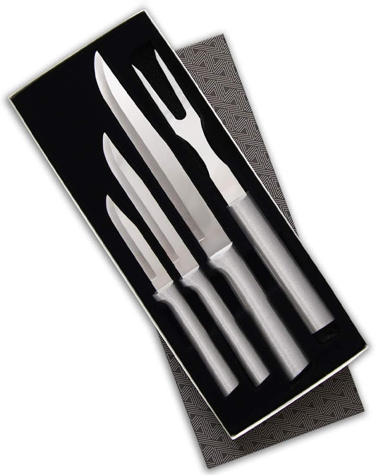Prepare Then Carve Gift Set (S3C) + Sharpener, Silver Handle | 4-Piece Knife Set and Knife Sharpener, Stainless Steel Blades, Silver Cast Aluminum Handle