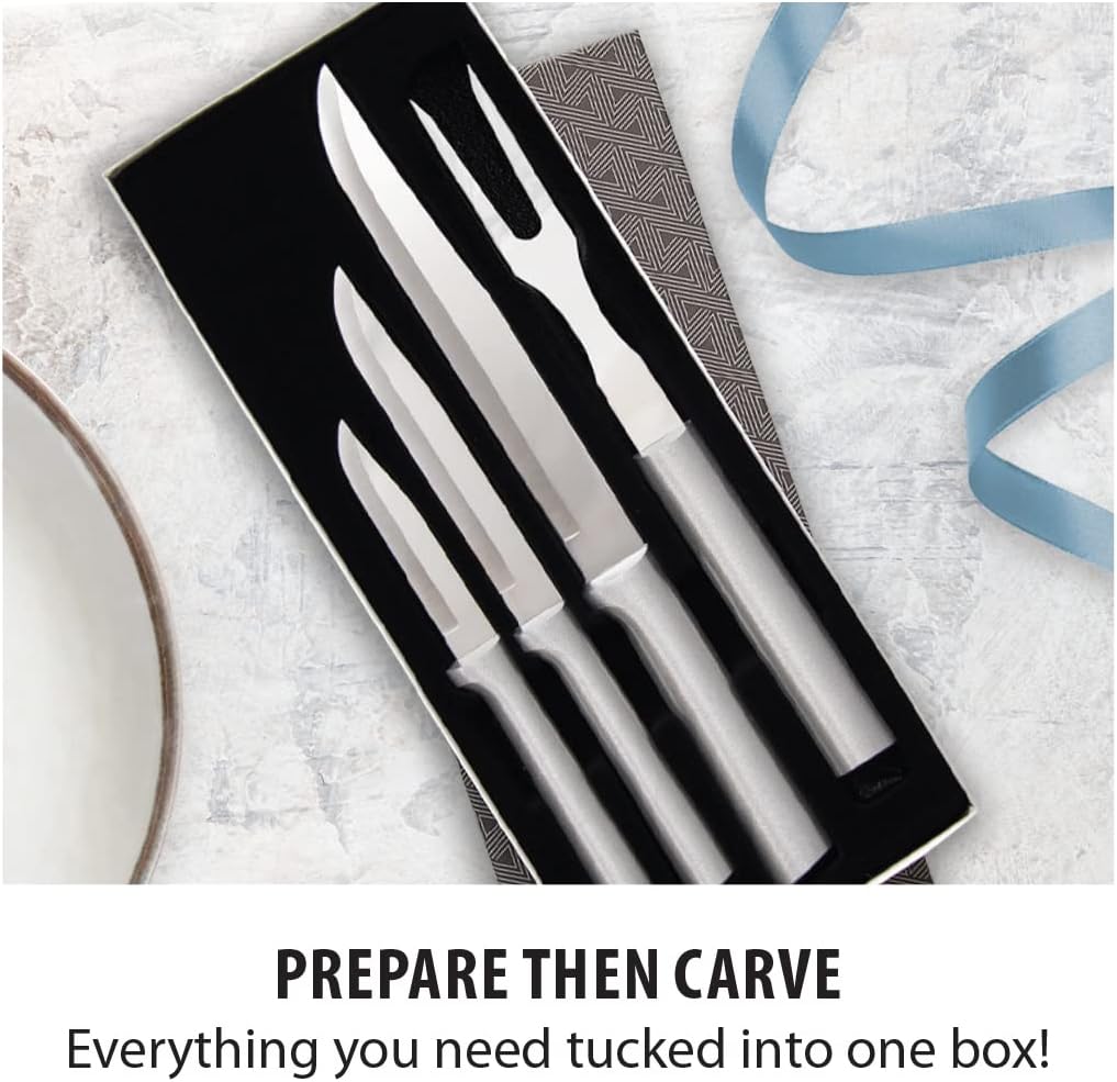 Prepare Then Carve Gift Set (S3C) + Sharpener, Silver Handle | 4-Piece Knife Set and Knife Sharpener, Stainless Steel Blades, Silver Cast Aluminum Handle