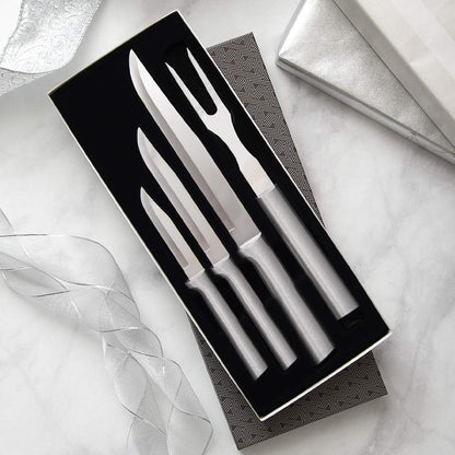 Prepare Then Carve Gift Set (S3C) + Sharpener, Silver Handle | 4-Piece Knife Set and Knife Sharpener, Stainless Steel Blades, Silver Cast Aluminum Handle