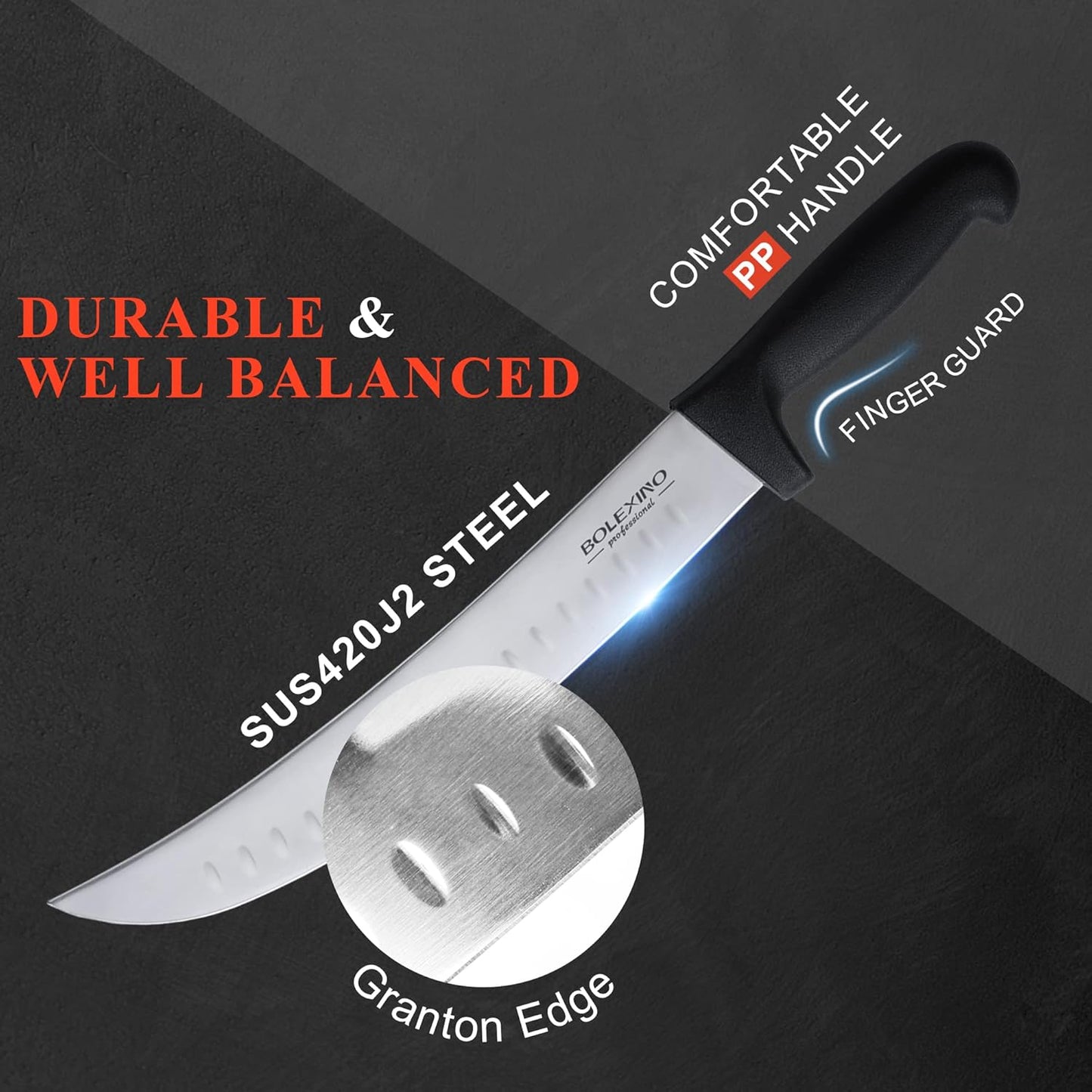 8 Inch Curved Breaking Knife, Butcher Knife for Meat Cutting | High-carbon steel, Ultra-sharp for meat & bone, Ergonomic non-slip handle, Ideal for butcher & kitchen, 8-inch curved blade.