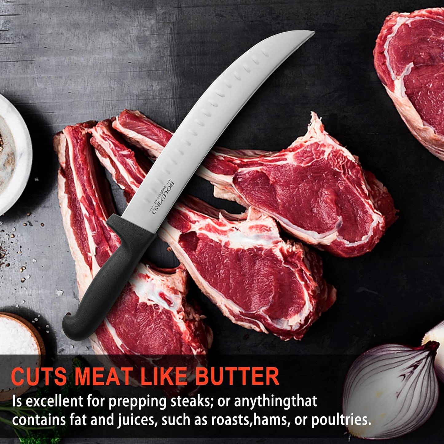 8 Inch Curved Breaking Knife, Butcher Knife for Meat Cutting | High-carbon steel, Ultra-sharp for meat & bone, Ergonomic non-slip handle, Ideal for butcher & kitchen, 8-inch curved blade.
