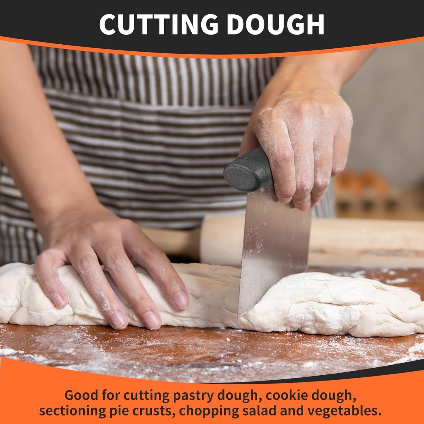 Bench Scraper & Chopper for Kitchen - Ideal Baking Essential Utensil,Stainless Steel Pastry/Dough/Food Cutter Tool for Cake Pizza Bread,Cooking - 1 Pack,Black