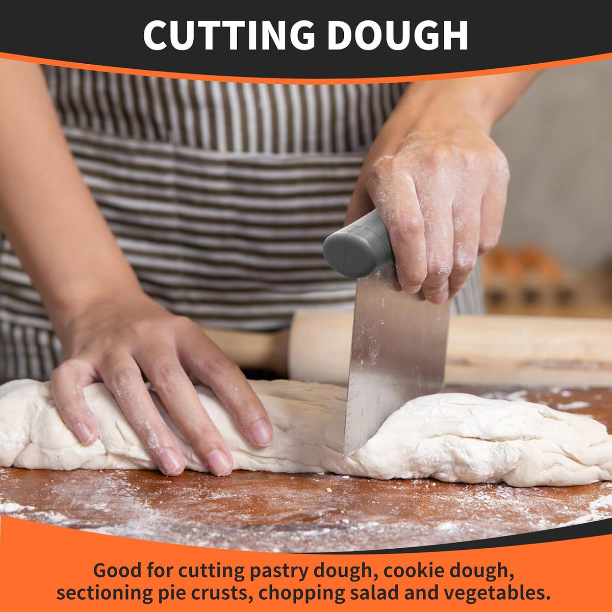 Bench Scraper & Chopper for Kitchen - Ideal Baking Essential Utensil,Stainless Steel Pastry/Dough/Food Cutter Tool for Cake Pizza Bread,Cooking - 1 Pack,Black