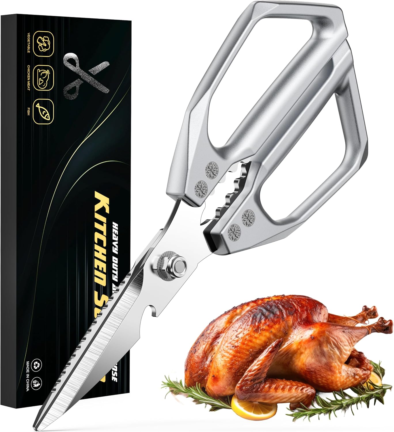 Heavy Duty Kitchen Scissors All Purpose - Professional Stainless Steel Japanese Kitchen Shears for Food, Chicken Bones & Turkey | Dishwasher Safe, Sharp Meat & Poultry Scissors (Traditional)