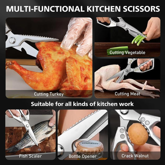 Heavy Duty Kitchen Scissors All Purpose - Professional Stainless Steel Japanese Kitchen Shears for Food, Chicken Bones & Turkey | Dishwasher Safe, Sharp Meat & Poultry Scissors (Traditional)