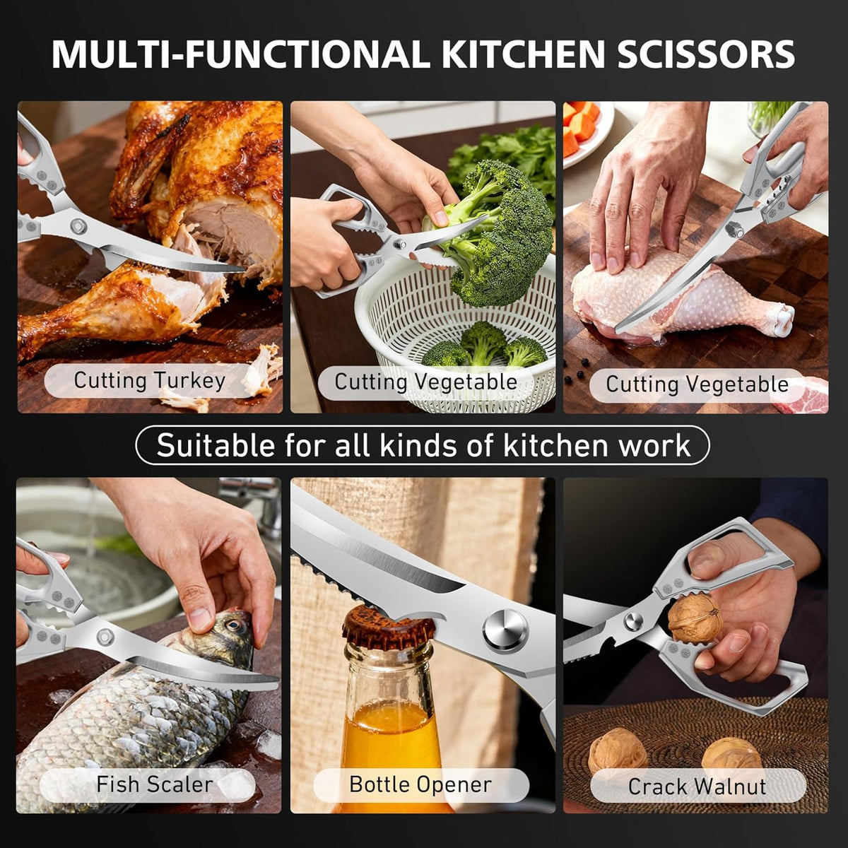 Heavy Duty Kitchen Scissors All Purpose - Professional Stainless Steel Japanese Kitchen Shears for Food, Chicken Bones & Turkey | Dishwasher Safe, Sharp Meat & Poultry Scissors (Traditional)