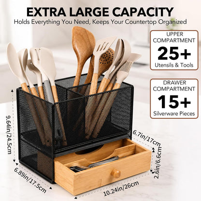 Kitchen Utensil Holder Countertop, Extra Large Utensil Organizer with Drawer, 2-Tier Utensil & Silverware Organizer for Kitchen Counter, Cooking Utensil Cutlery Caddy, Quick Dry Diatomite Base