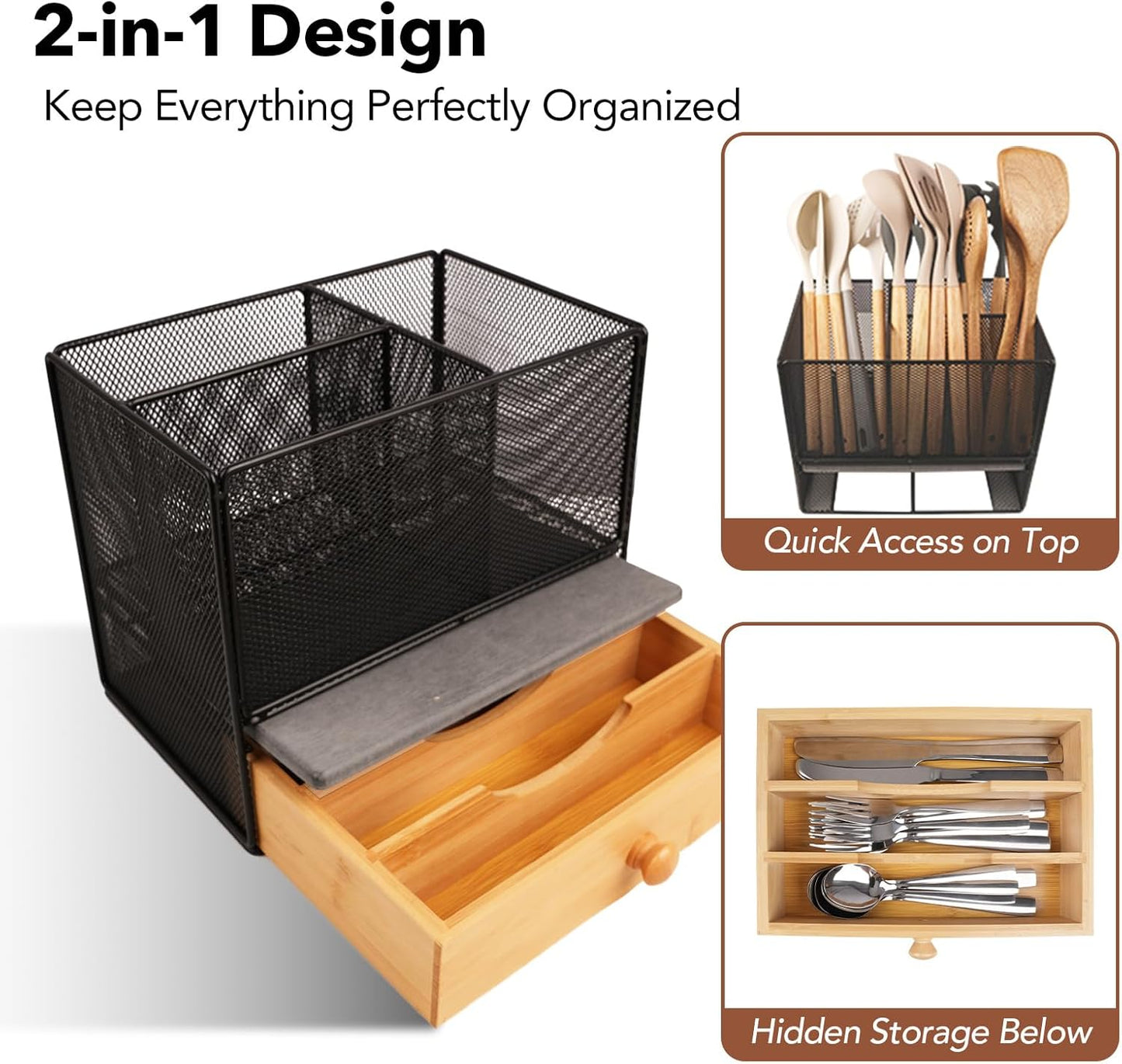 Kitchen Utensil Holder Countertop, Extra Large Utensil Organizer with Drawer, 2-Tier Utensil & Silverware Organizer for Kitchen Counter, Cooking Utensil Cutlery Caddy, Quick Dry Diatomite Base