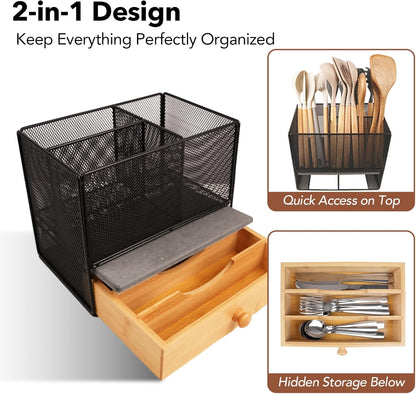 Kitchen Utensil Holder Countertop, Extra Large Utensil Organizer with Drawer, 2-Tier Utensil & Silverware Organizer for Kitchen Counter, Cooking Utensil Cutlery Caddy, Quick Dry Diatomite Base