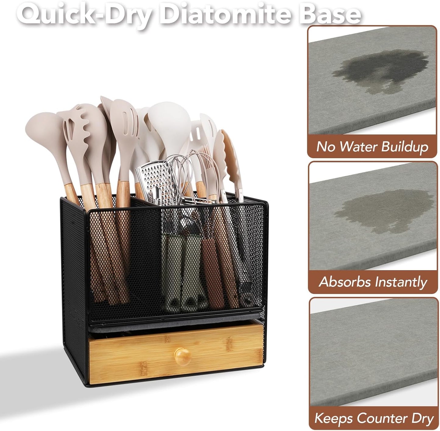 Kitchen Utensil Holder Countertop, Extra Large Utensil Organizer with Drawer, 2-Tier Utensil & Silverware Organizer for Kitchen Counter, Cooking Utensil Cutlery Caddy, Quick Dry Diatomite Base