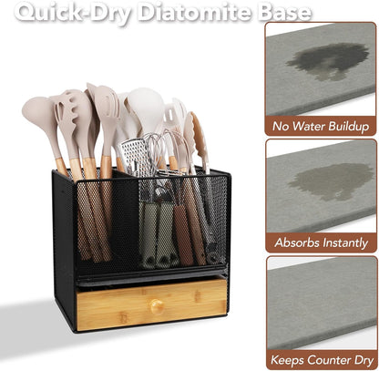 Kitchen Utensil Holder Countertop, Extra Large Utensil Organizer with Drawer, 2-Tier Utensil & Silverware Organizer for Kitchen Counter, Cooking Utensil Cutlery Caddy, Quick Dry Diatomite Base