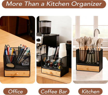 Kitchen Utensil Holder Countertop, Extra Large Utensil Organizer with Drawer, 2-Tier Utensil & Silverware Organizer for Kitchen Counter, Cooking Utensil Cutlery Caddy, Quick Dry Diatomite Base
