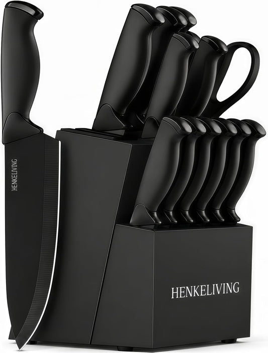 Knife Set, 14-Piece Black Dishwasher Safe Kitchen Knife Block Set with Built-In Sharpener, German High Carbon Stainless Steel Blades, Ultra Sharp Knives with Ergonomic Non-Slip Handles