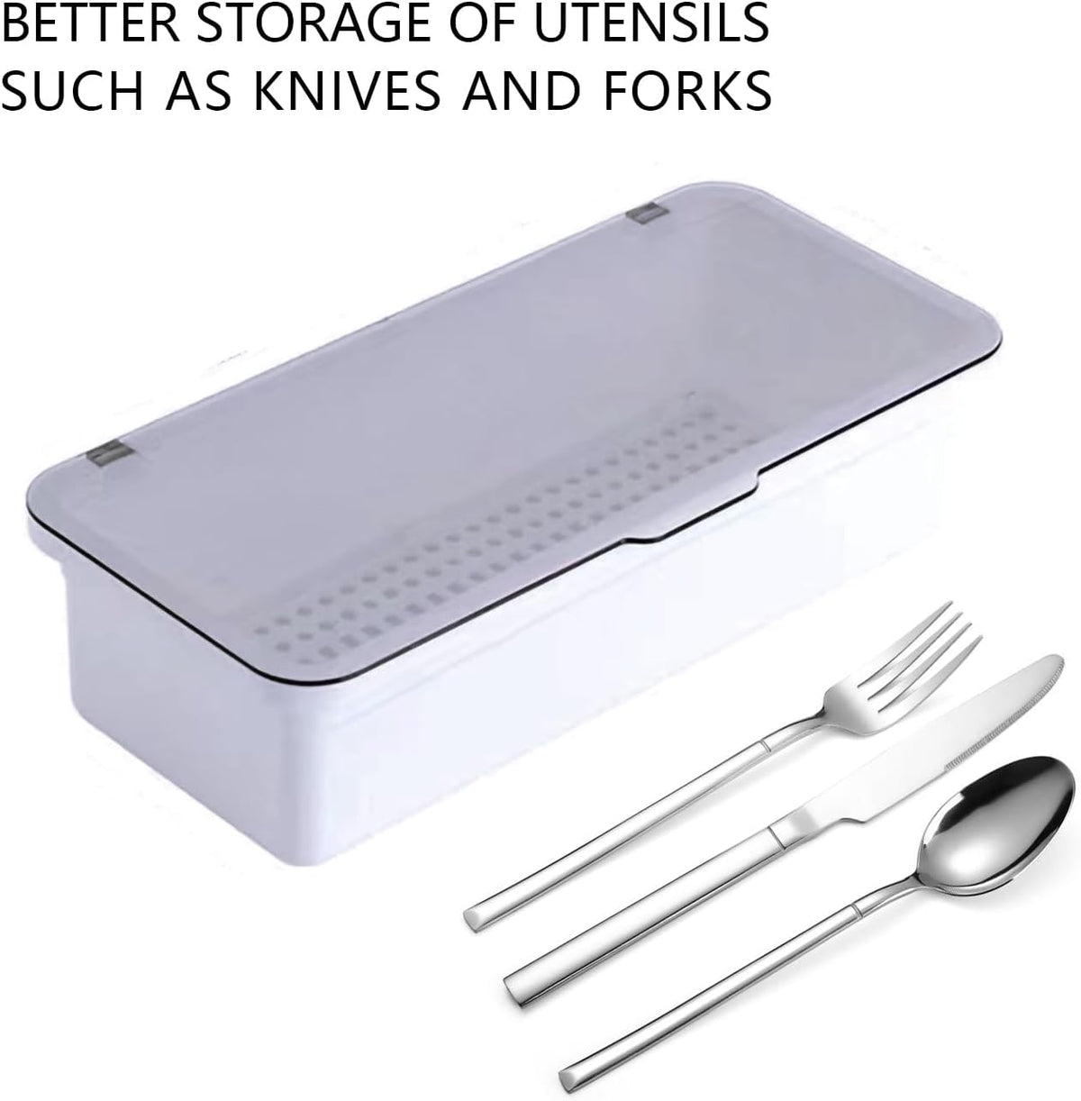 Flatware Tray with Lid and Drainer,Silverware Tray Kitchen Dinnerware Holder and Utensil Storage Container for Flatware and Silverware (White)