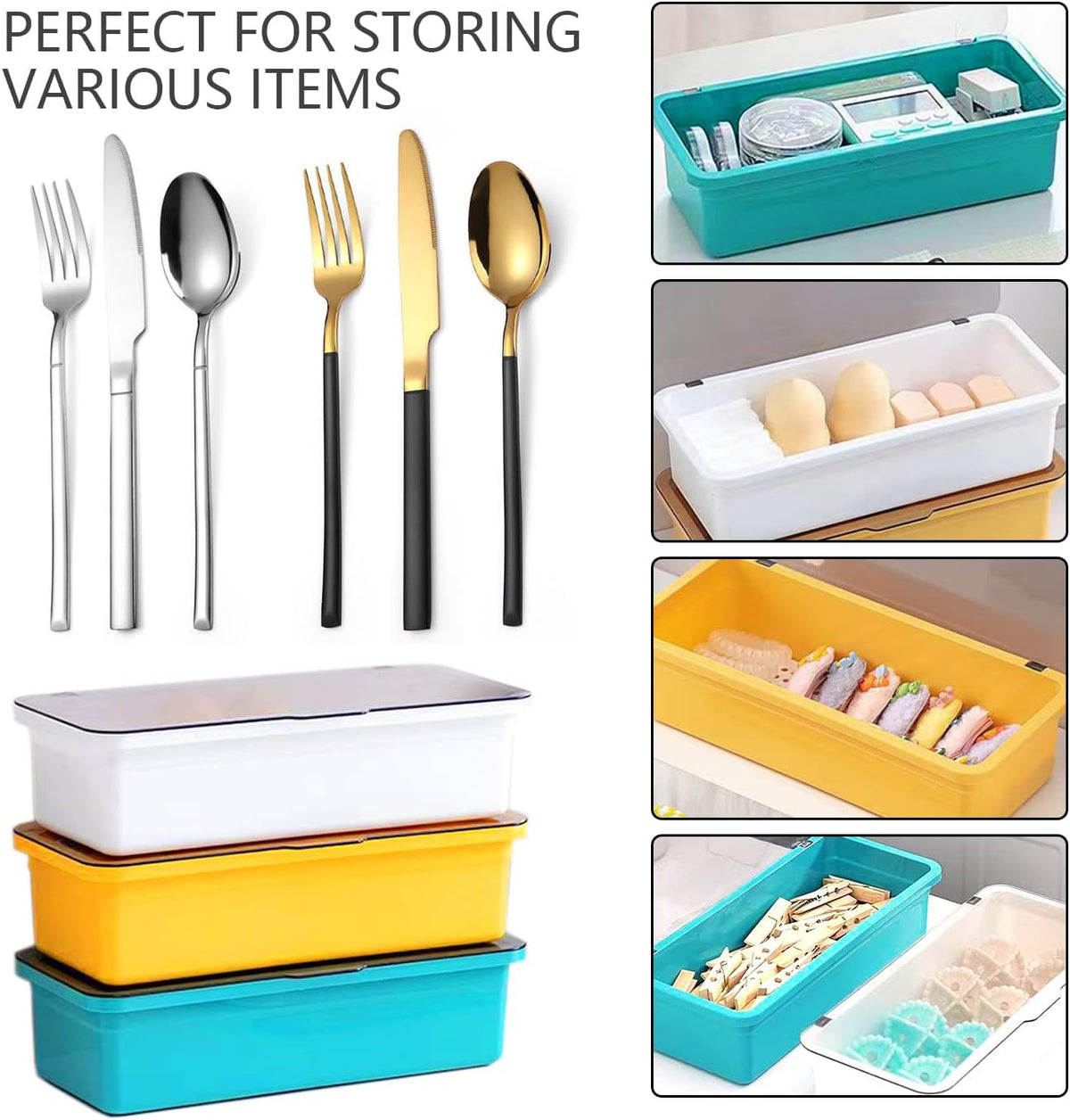 Flatware Tray with Lid and Drainer,Silverware Tray Kitchen Dinnerware Holder and Utensil Storage Container for Flatware and Silverware (White)