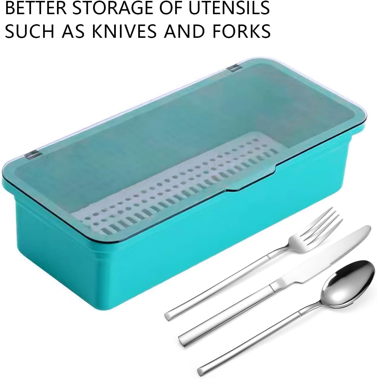 Flatware Tray with Lid and Drainer,Silverware Tray Kitchen Dinnerware Holder and Utensil Storage Container for Flatware and Silverware (White)