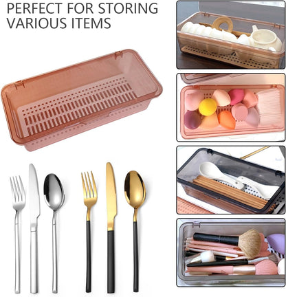 Flatware Tray with Lid and Drainer,Silverware Tray Kitchen Dinnerware Holder and Utensil Storage Container for Flatware and Silverware (White)