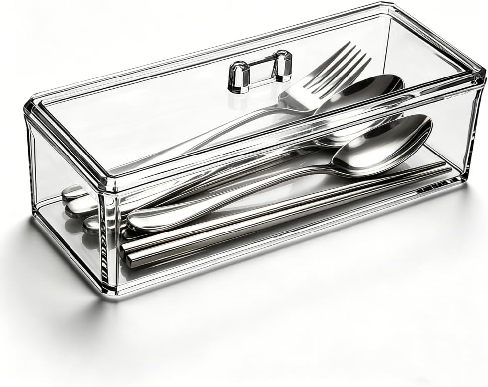 Flatware Tray with Lid and Drainer,Silverware Tray Kitchen Dinnerware Holder and Utensil Storage Container for Flatware and Silverware (White)
