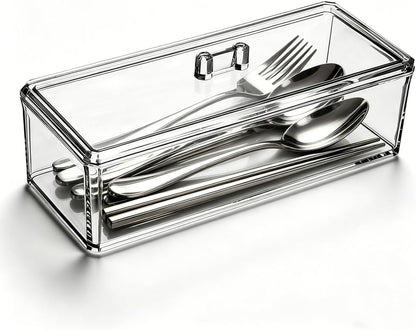 Flatware Tray with Lid and Drainer,Silverware Tray Kitchen Dinnerware Holder and Utensil Storage Container for Flatware and Silverware (White)