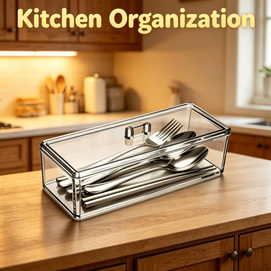 Flatware Tray with Lid and Drainer,Silverware Tray Kitchen Dinnerware Holder and Utensil Storage Container for Flatware and Silverware (White)