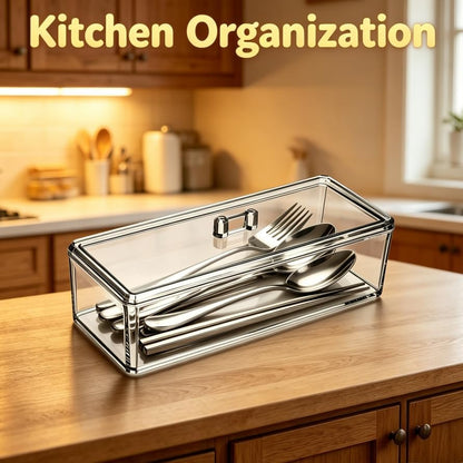Flatware Tray with Lid and Drainer,Silverware Tray Kitchen Dinnerware Holder and Utensil Storage Container for Flatware and Silverware (White)