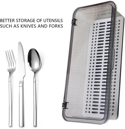 Flatware Tray with Lid and Drainer,Silverware Tray Kitchen Dinnerware Holder and Utensil Storage Container for Flatware and Silverware (White)