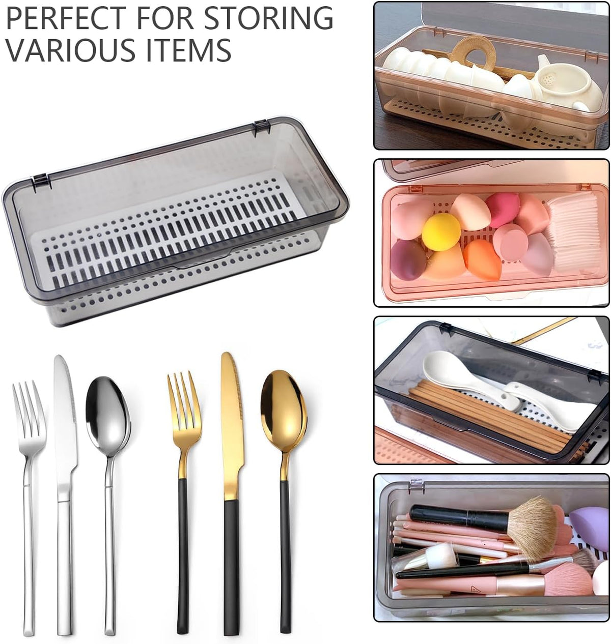 Flatware Tray with Lid and Drainer,Silverware Tray Kitchen Dinnerware Holder and Utensil Storage Container for Flatware and Silverware (White)
