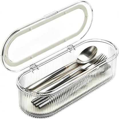 Flatware Tray with Lid and Drainer,Silverware Tray Kitchen Dinnerware Holder and Utensil Storage Container for Flatware and Silverware (White)