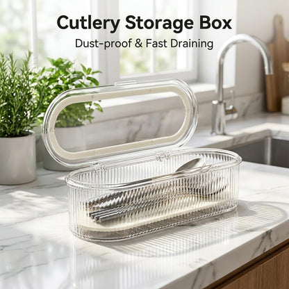 Flatware Tray with Lid and Drainer,Silverware Tray Kitchen Dinnerware Holder and Utensil Storage Container for Flatware and Silverware (White)