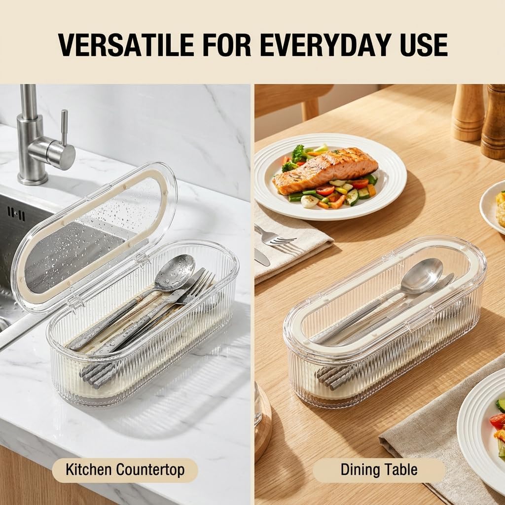 Flatware Tray with Lid and Drainer,Silverware Tray Kitchen Dinnerware Holder and Utensil Storage Container for Flatware and Silverware (White)