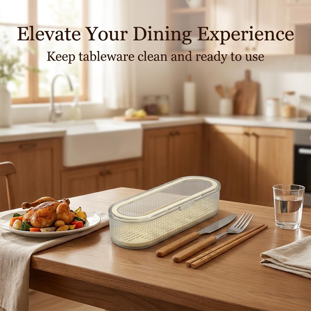 Flatware Tray with Lid and Drainer,Silverware Tray Kitchen Dinnerware Holder and Utensil Storage Container for Flatware and Silverware (White)