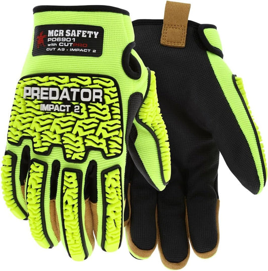 PD6901L Predator Hi-Visibility Mechanics Impact and Cut Resistant Work Gloves with MAXGrid Pattern Palm for Dry/Wet/Oily Grip, Tire Tread TPR on Back/Fingers/Thumb, Lime, Large