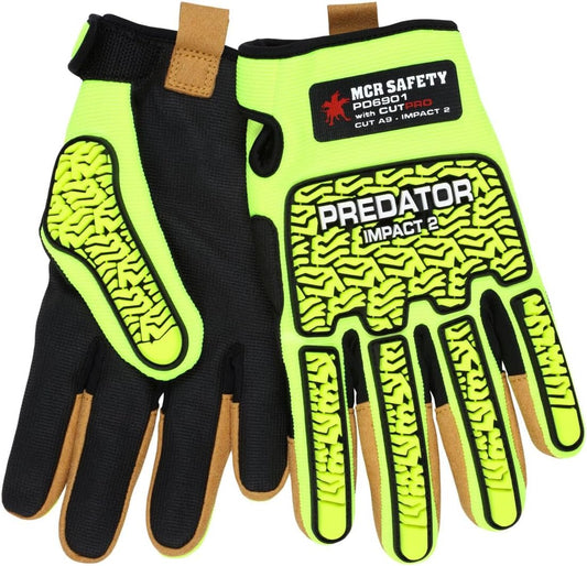 PD6901L Predator Hi-Visibility Mechanics Impact and Cut Resistant Work Gloves with MAXGrid Pattern Palm for Dry/Wet/Oily Grip, Tire Tread TPR on Back/Fingers/Thumb, Lime, Large