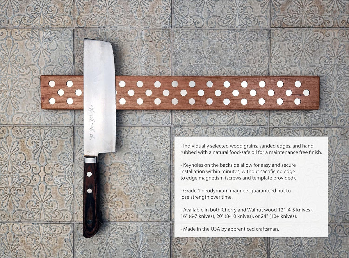 Magnetic Wooden Knife Bar Holder Strip, Cherry or Walnut, 12, 16, 20, or 24 Inch (16 Inch, Walnut)