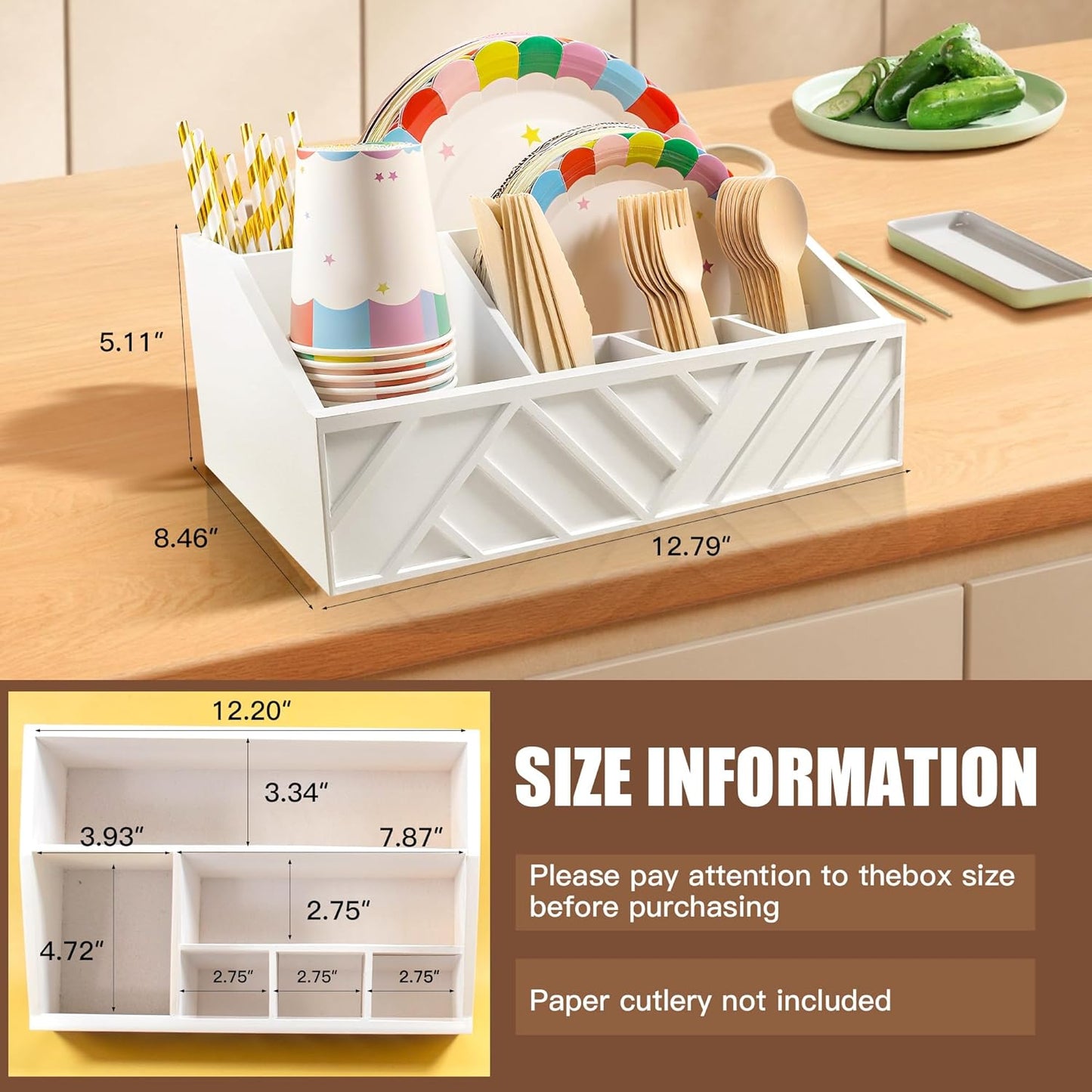 Paper Plate Dispenser with 6 Compartments – Wooden Utensil & Silverware Caddy Holder for Party, BBQ, Camping – Disposable Cutlery Organizer for Kitchen Countertop or Buffet Station, Black