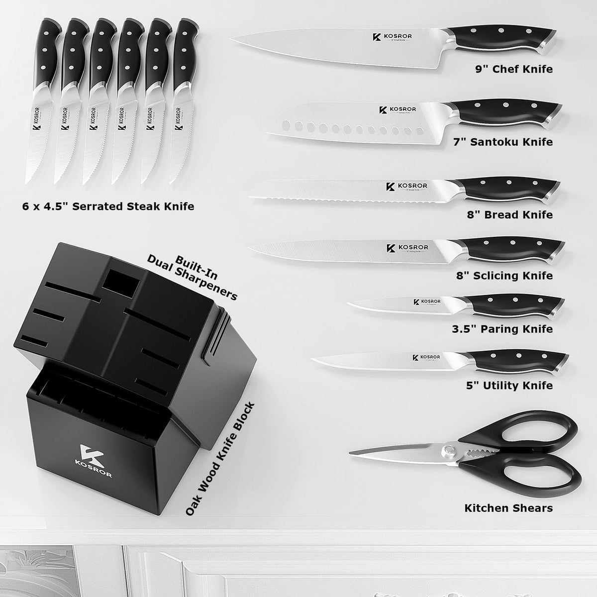 Kitchen Knife Set with Block: 15-Piece German Stainless Steel with Dual Sharpener for Beginners - Covers 95% Kitchen Tasks - Black Full-Tang Ergonomic Handle, Dishwasher Safe, Easy to Use