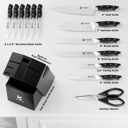 Kitchen Knife Set with Block: 15-Piece German Stainless Steel with Dual Sharpener for Beginners - Covers 95% Kitchen Tasks - Black Full-Tang Ergonomic Handle, Dishwasher Safe, Easy to Use